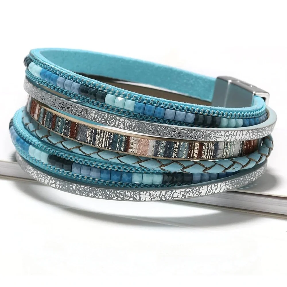 Boho Multi-Layer Leather Wrap Bracelet | Magnetic Clasp Stone